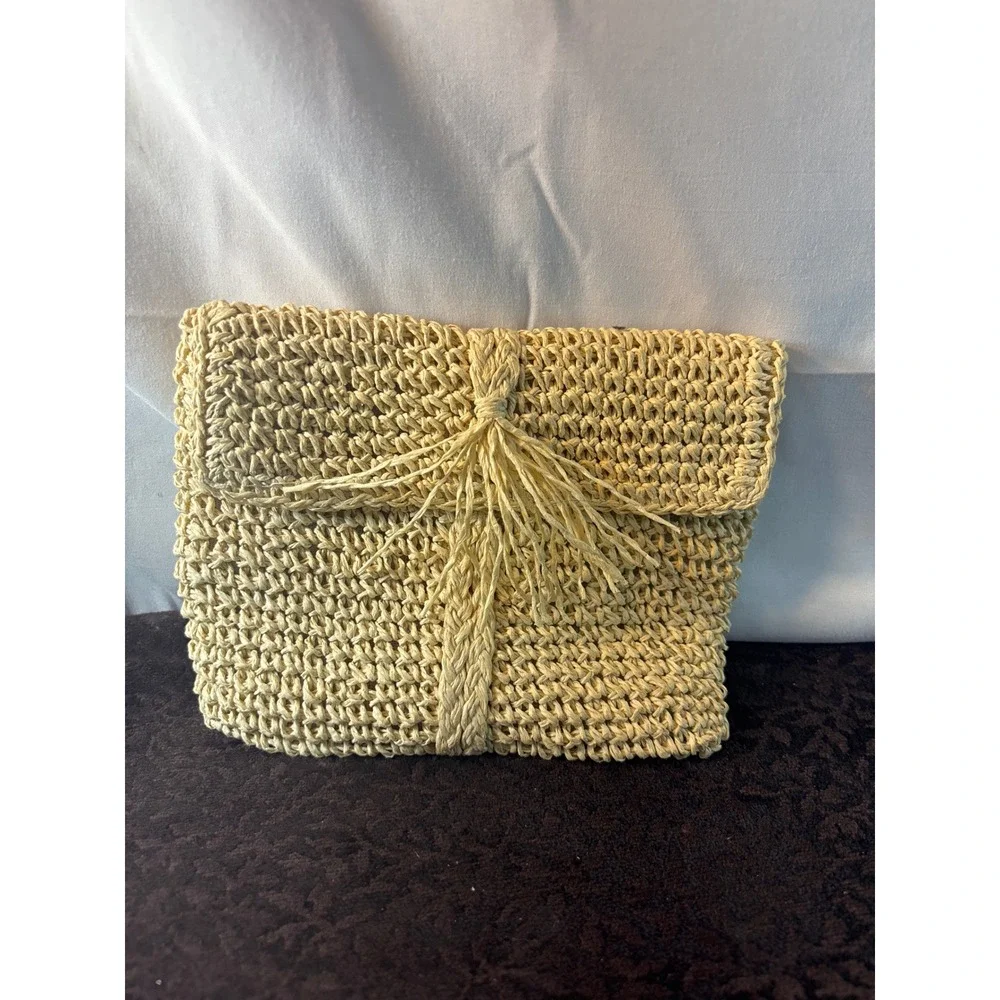 L*Space Woven Straw Tassel Clutch Belt Bag Pale Yellow Linen Lined Small